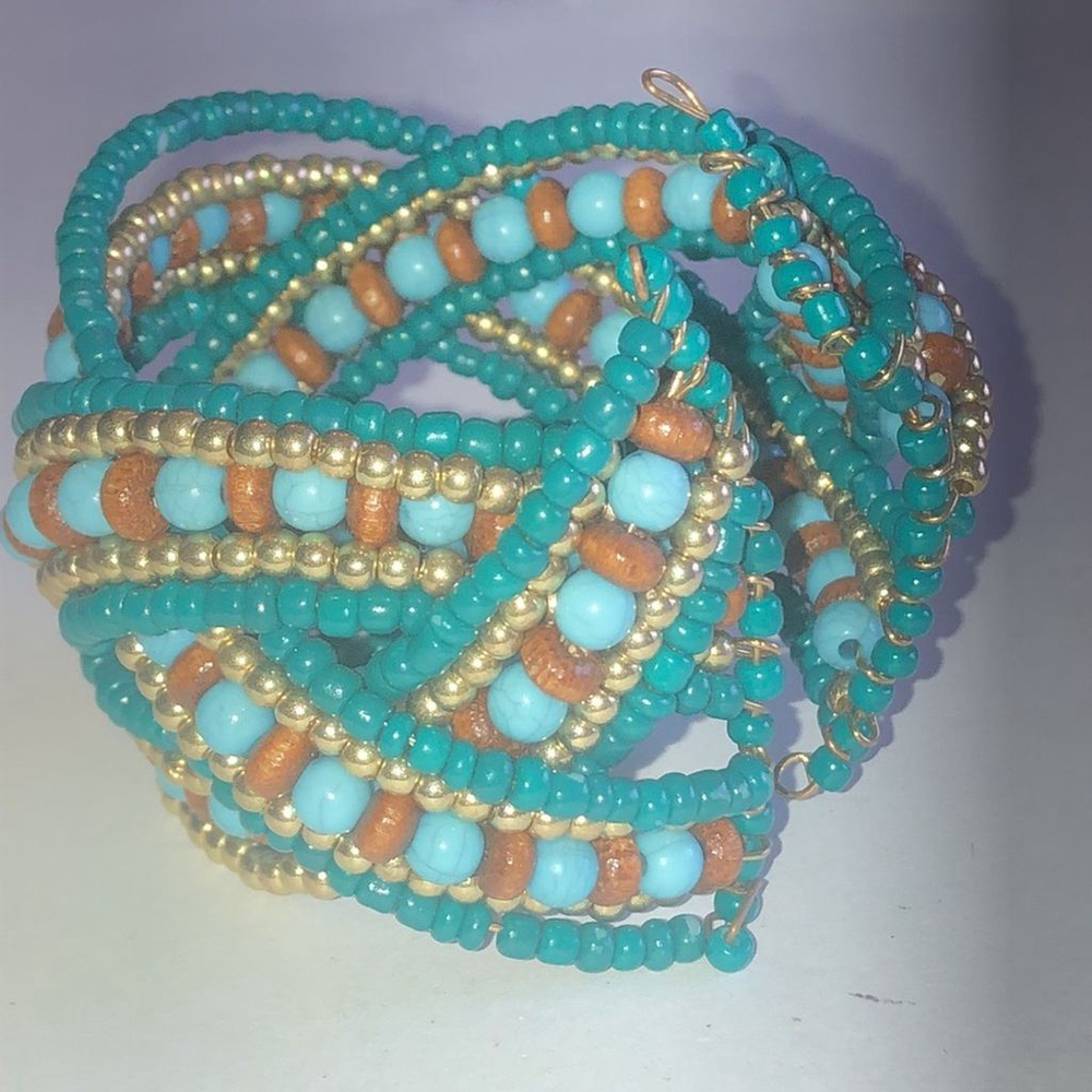 Teal & Tan Wooden Seed Bead Beaded Criss Cross Boho Cuff Bracelet - Picture 5 of 7